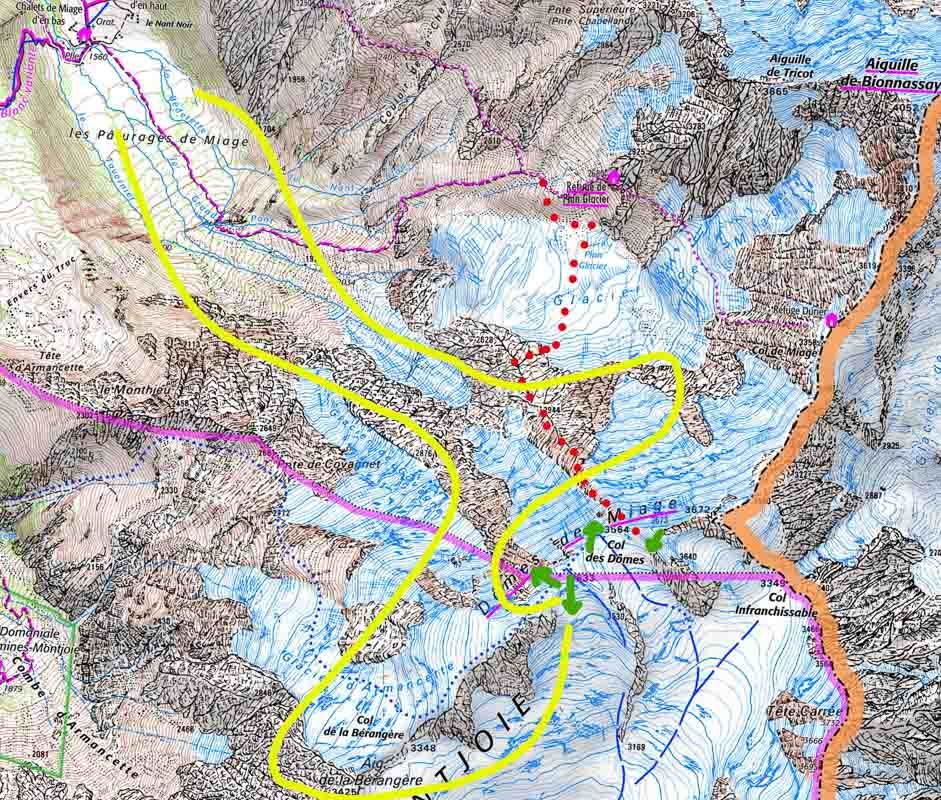arete mettrier miage-1-2 itinéraire pour l'arête mettrier , décollages et trajectoires de vol en parapente aux dômes de Miage