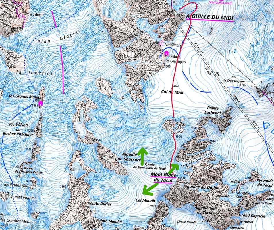 goulotte chere-5 carte avec l'itinéraire de la goulotte chère au mont blanc du tacul et les orientations de décollage en parapente au sommet en fonction du vent