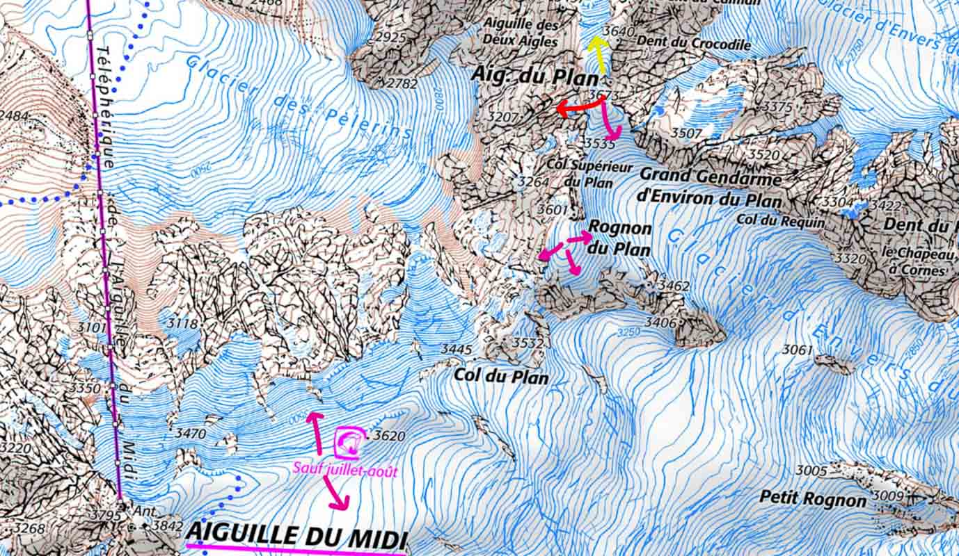 Midi Plan parapente-1 Carte topographique ign de la traversée midi plan avec les différents décollages possible en parapente. Emplacement des décollages entre l'aiguille du Plan et l'aiguille du Midi