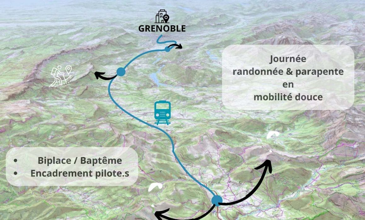 carte des aventure en parapente en mobilité douce. Utilisation du train et du bus pour les baptêmes en biplace et la formation